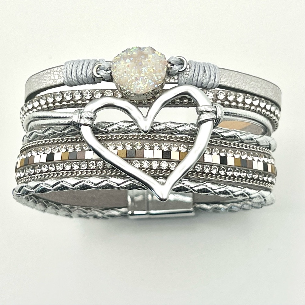 Boho Style Multilayer Silver Heart Charm and Druzy Stone Bracelet